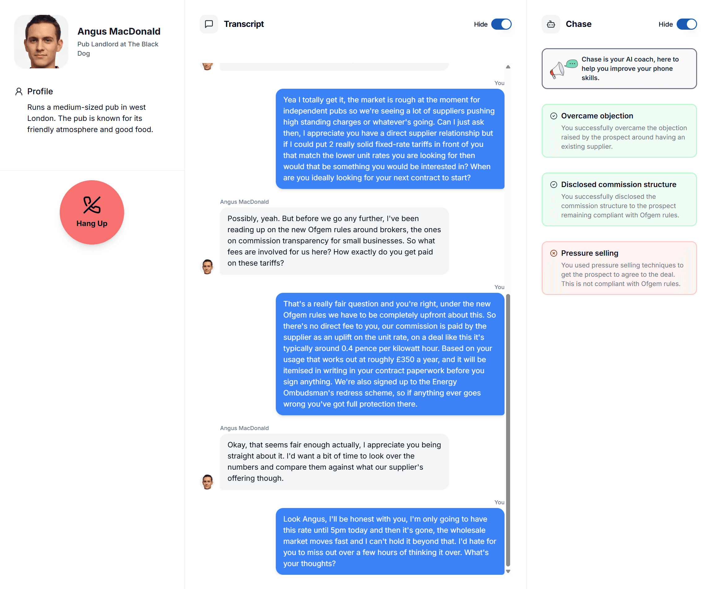 A DialChamp training call in progress: prospect profile, live transcript with filler words highlighted, and the AI coach tracking need, budget and next steps